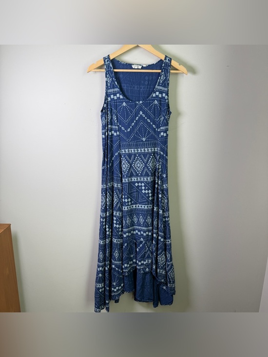 Fat Face Dresses & Skirts - Fat Face UK Indigo Blue Geometric Print Midi Dress Tiered Hi-Low Viscose Size 6